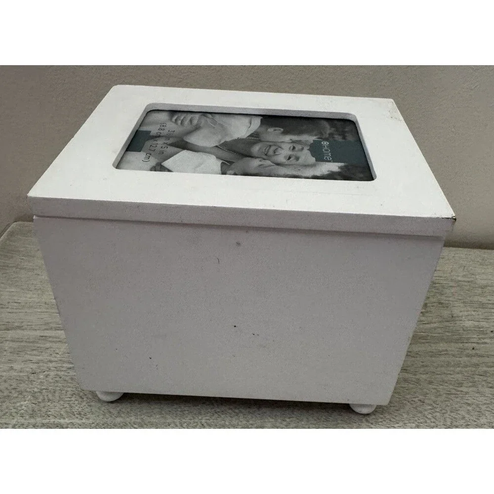White Wood Jewelry Box 3 Drawers Mirror Ring Rolls Picture Frame 